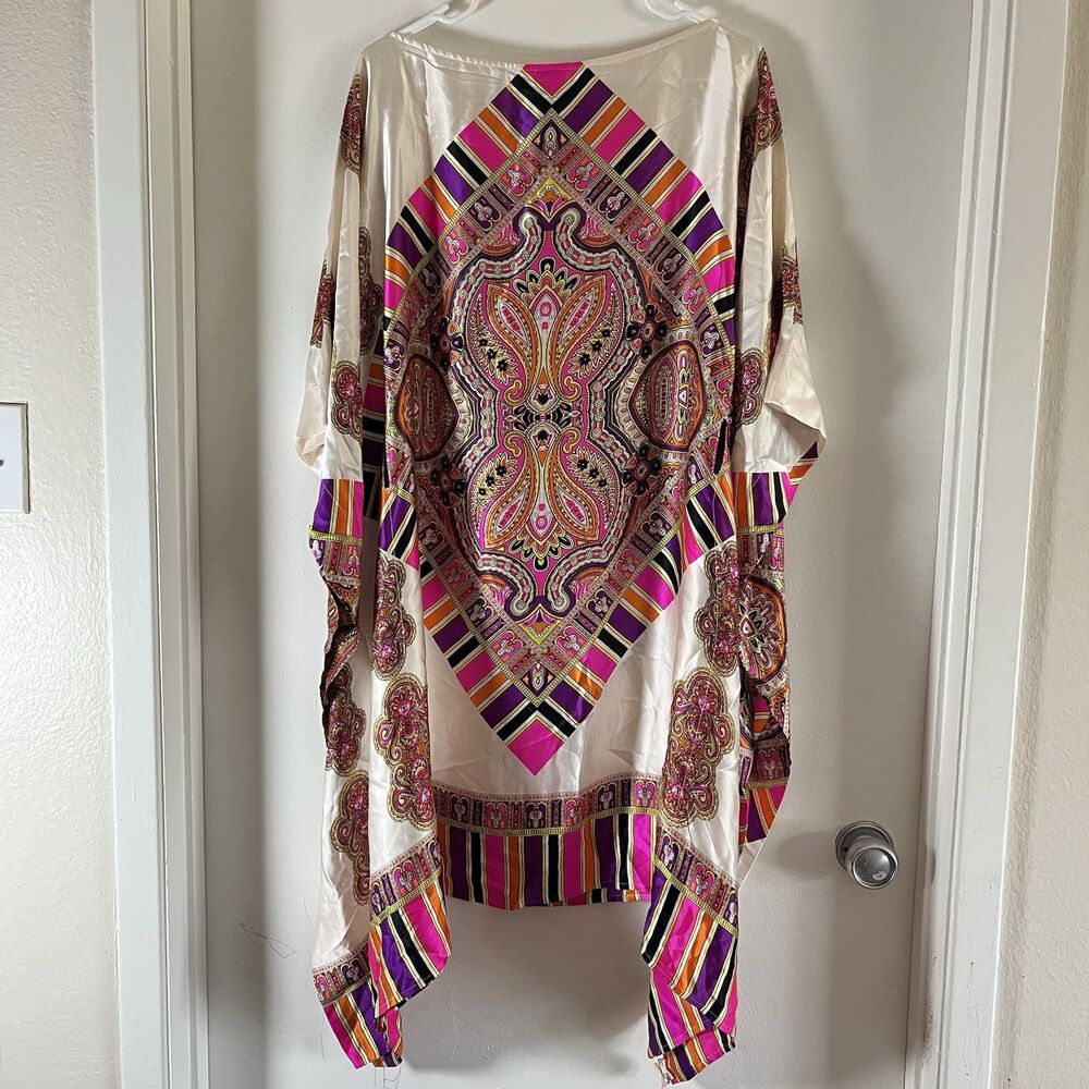 Vintage Cache 100% Silk Kaftan Dress Sz S Colorful NO BELT Boho - Picture 2 of 9